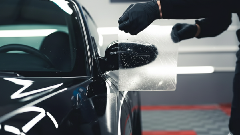 A worker wearing black gloves installs a clear PPF on the side mirror of a black sedan