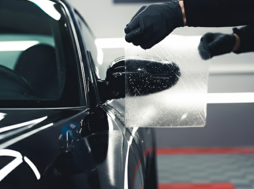 A worker wearing black gloves installs a clear PPF on the side mirror of a black sedan