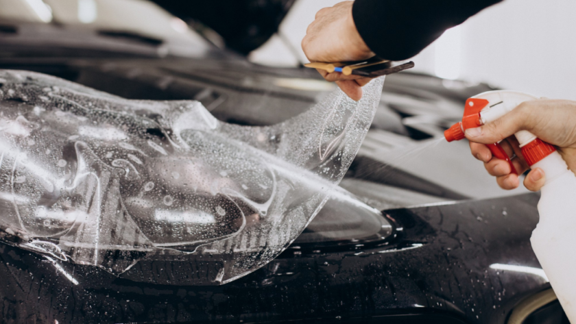 Paint protection film being applied on the car