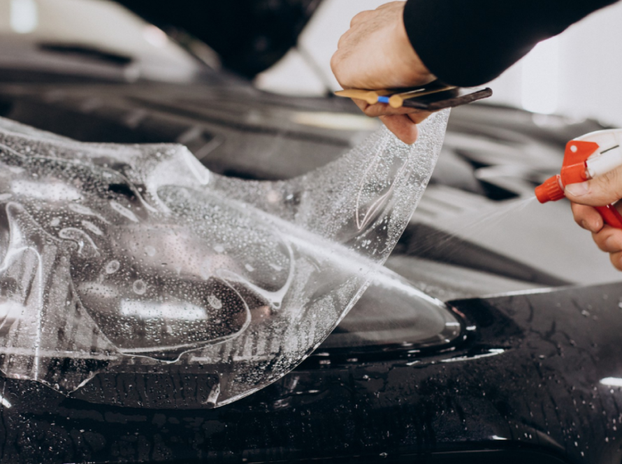 Paint protection film being applied on the car