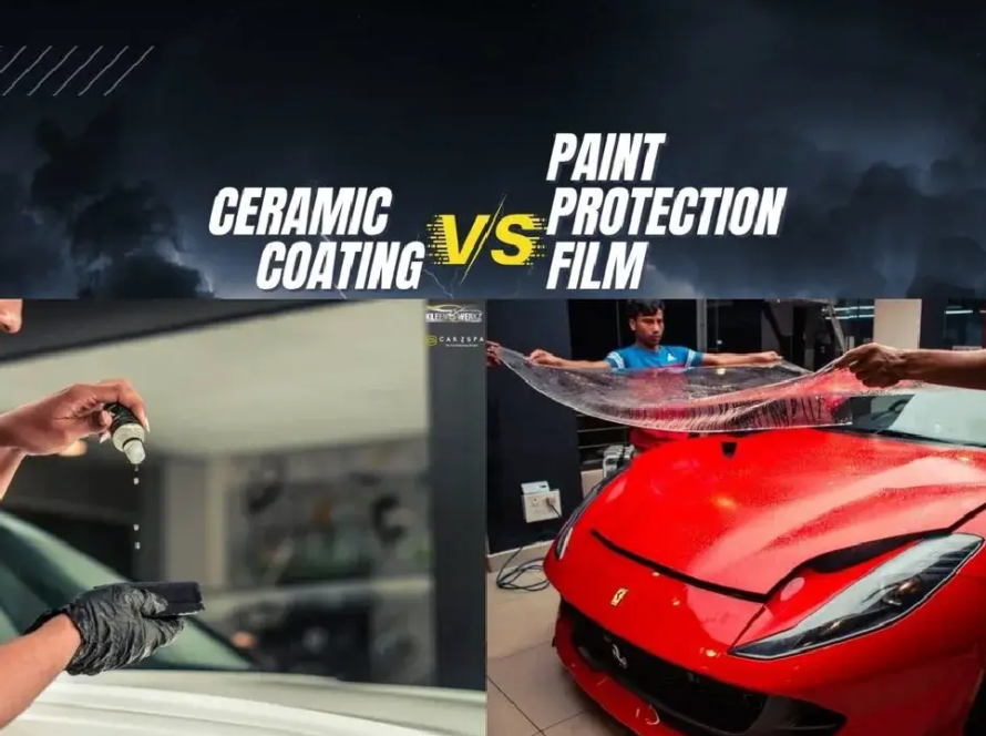 Image showing ceramic coating vs paint protection film side by side