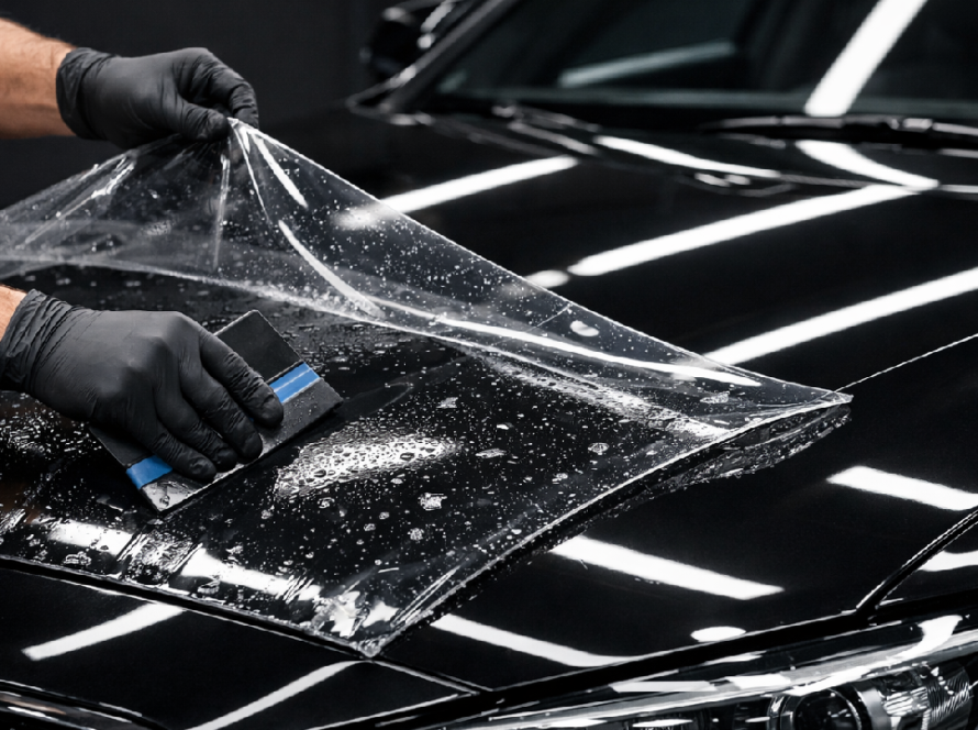 A high-end car navigating busy Indian roads, highlighting the need for car paint protection film.