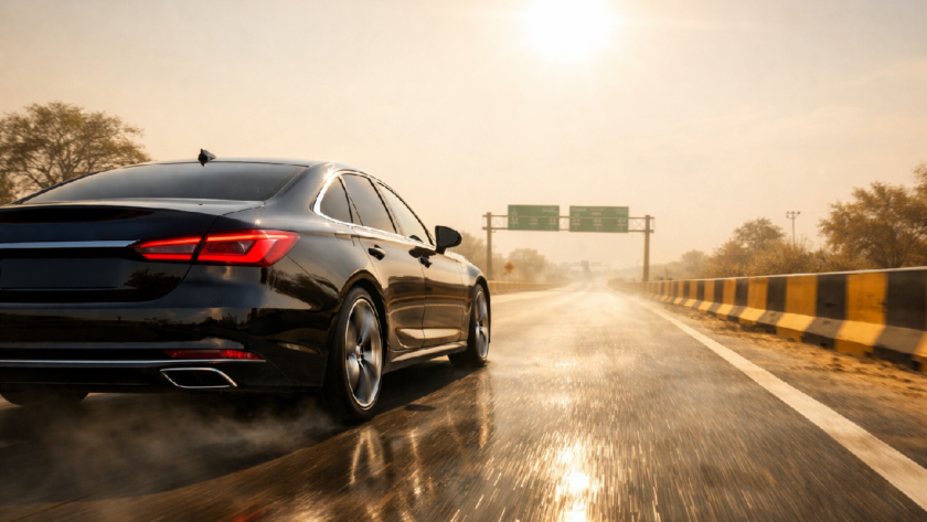 Car with damaged paint protection film on a dusty Indian road