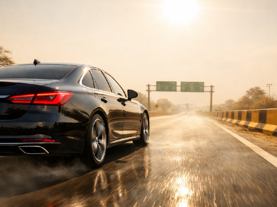 Car with damaged paint protection film on a dusty Indian road