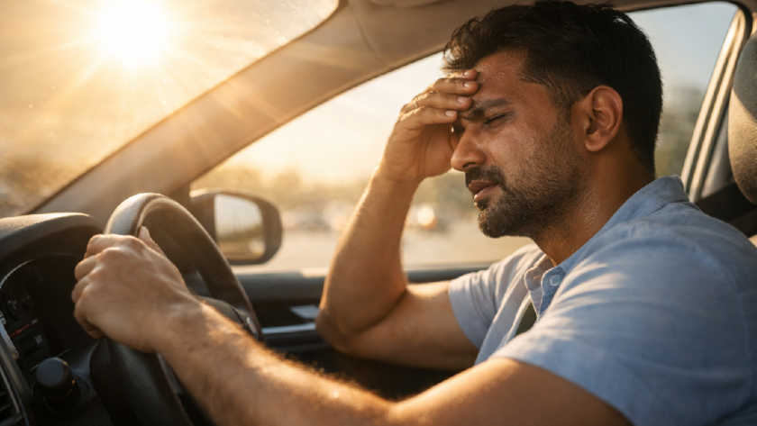 Image of a person inside the car looking pissed off due to extreme heat.