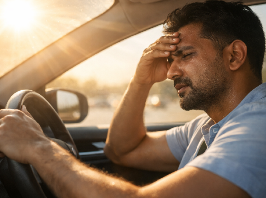 Image of a person inside the car looking pissed off due to extreme heat.