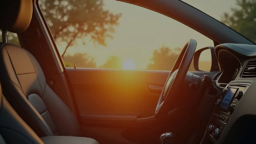 Image of car taken from inside such that sun is visible outside
