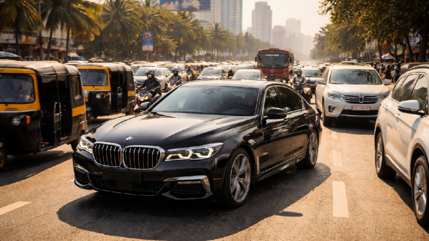 Image of a luxury car on a busy Indian road