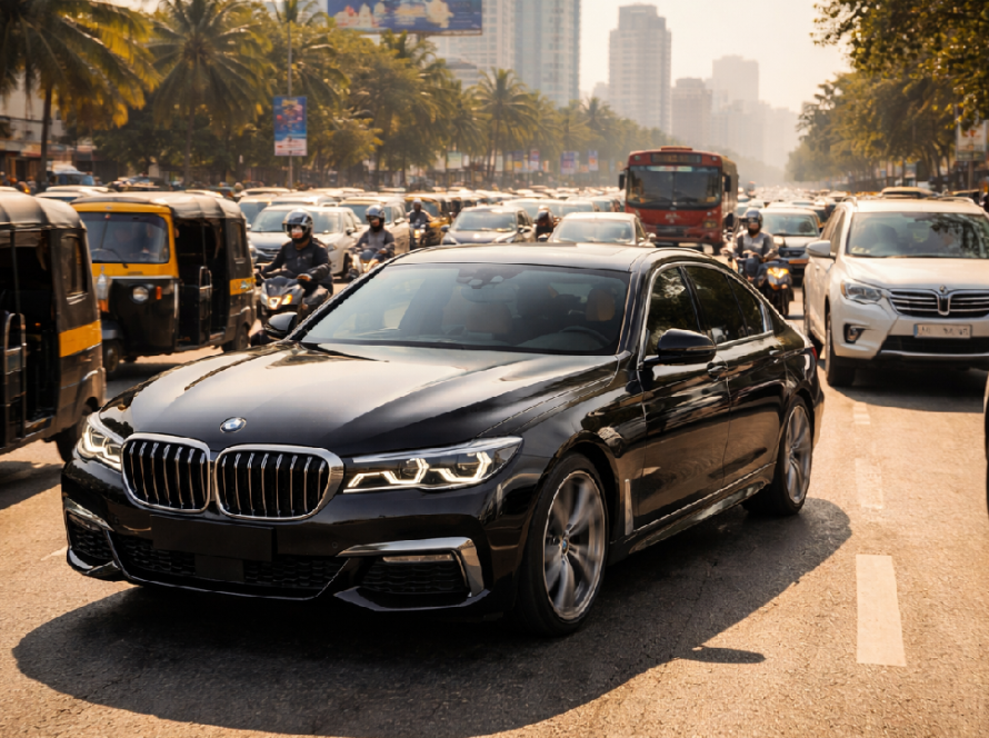 Image of a luxury car on a busy Indian road