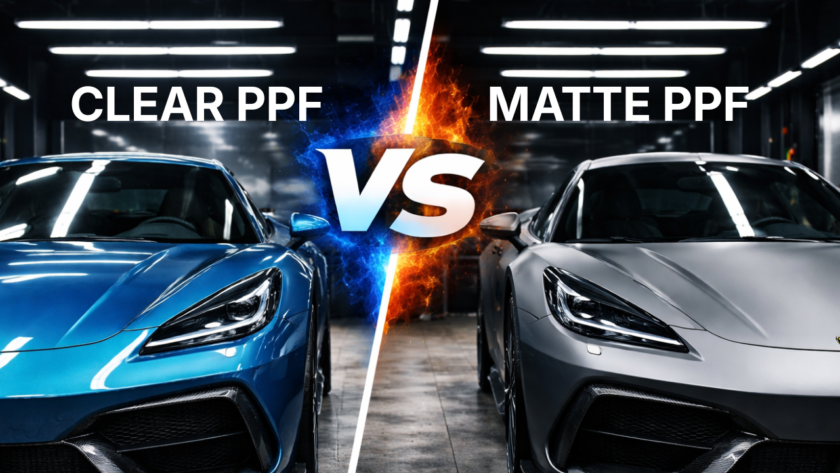 Ultra-realistic image of two sports cars side by side in a detailing studio — one glossy blue (clear PPF) and one matte grey (matte PPF) — separated by a glowing “VS” graphic.