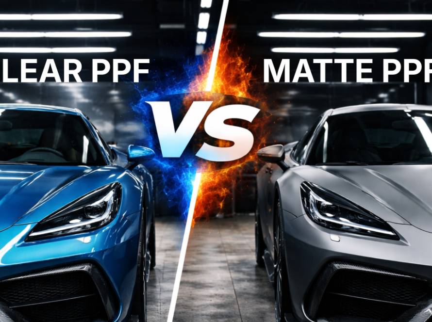 Ultra-realistic image of two sports cars side by side in a detailing studio — one glossy blue (clear PPF) and one matte grey (matte PPF) — separated by a glowing “VS” graphic.