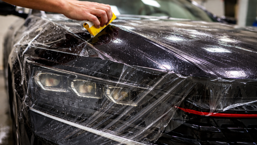 An image of paint protection film being applied to a car