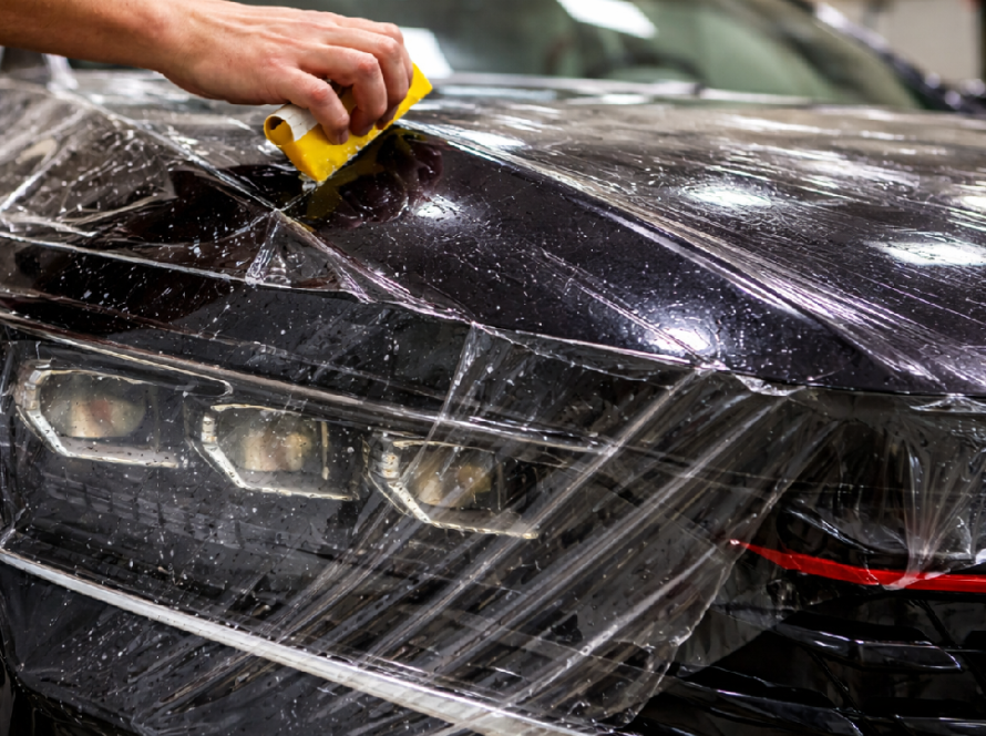 An image of paint protection film being applied to a car
