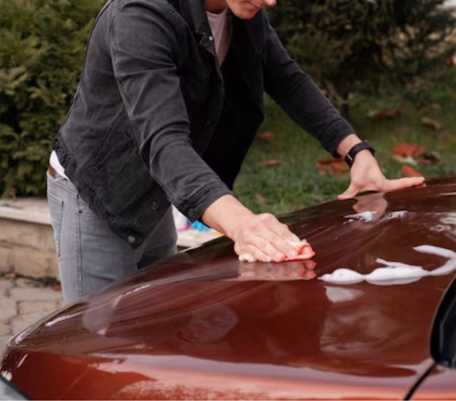 Close-up of a car owner applying a product on a PPF-coated car panel incorrectly