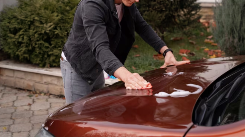 Close-up of a car owner applying a product on a PPF-coated car panel incorrectly