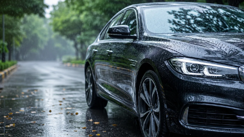 Close-up of a black sedan on a rainy street, covered in water droplets with reflections on the wet road and greenery in the background.