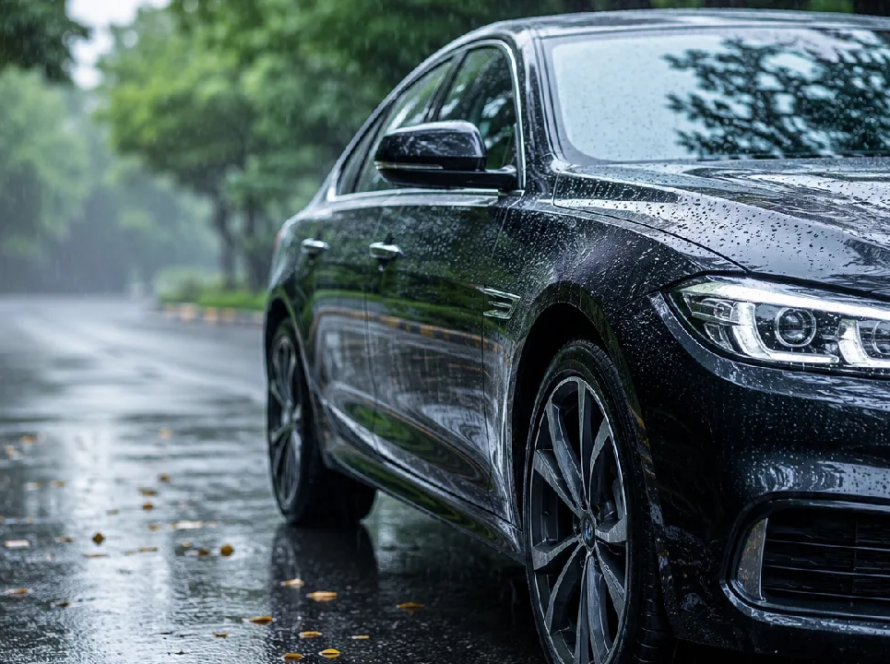 Close-up of a black sedan on a rainy street, covered in water droplets with reflections on the wet road and greenery in the background.