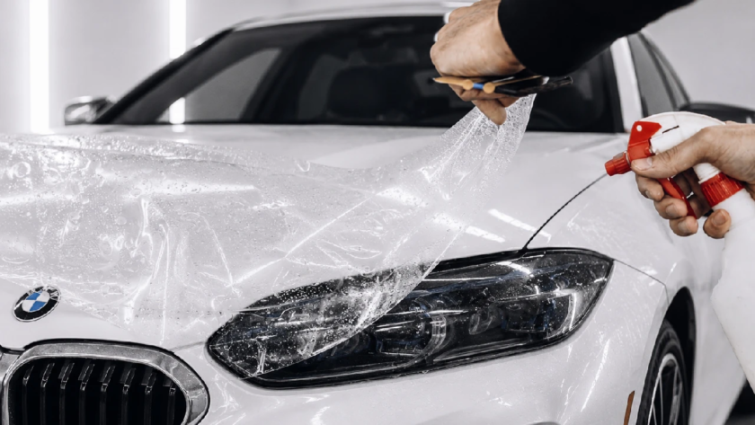 Image of PPF being applied on a white BMW