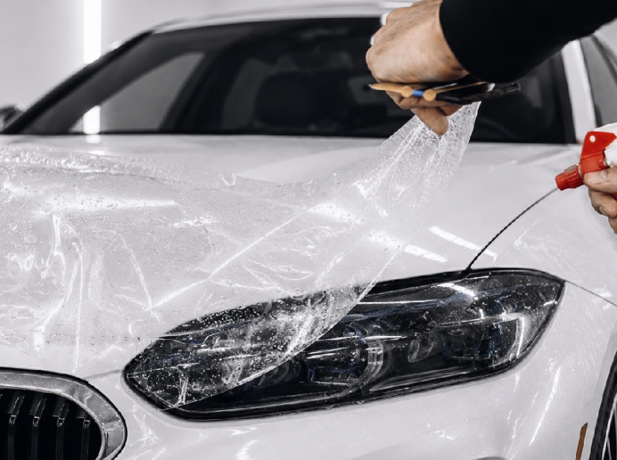 Image of PPF being applied on a white BMW