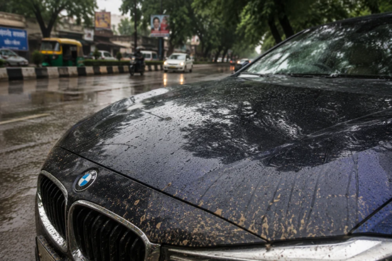 Mud splashes on a car during monsoon