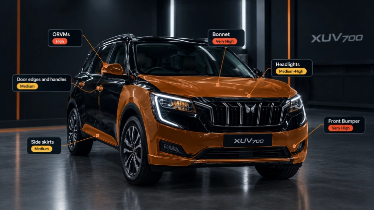 Black XUV700 showing areas to protect with PPF