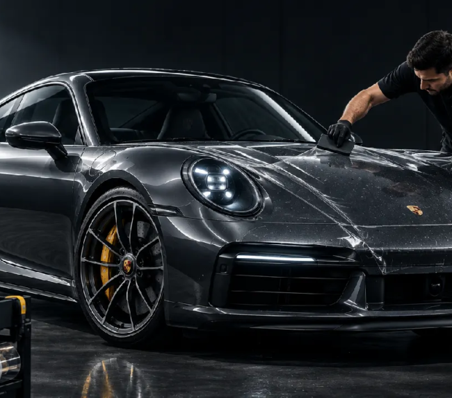 A worker installs a paint protection film on a Porsche