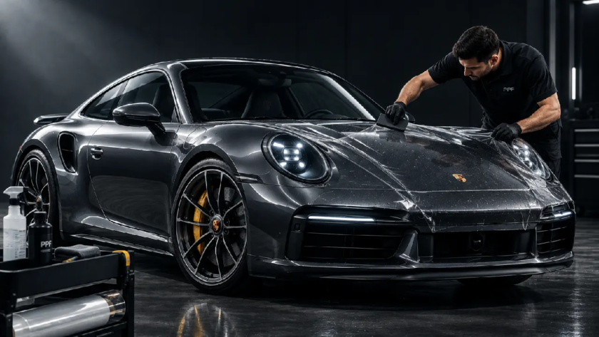 A worker installs a paint protection film on a Porsche
