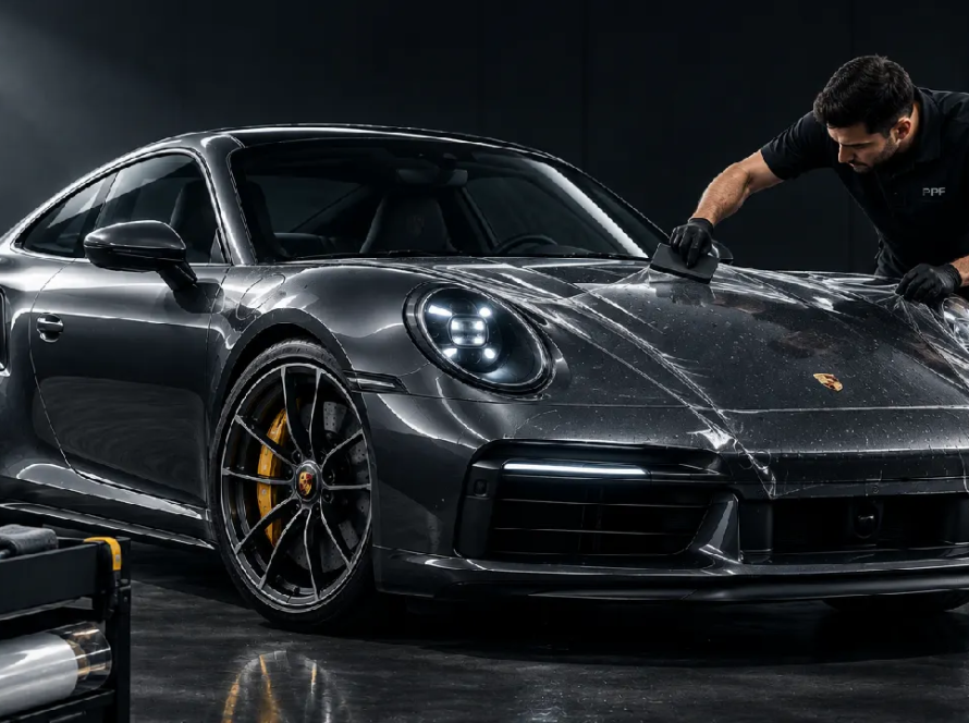 A worker installs a paint protection film on a Porsche