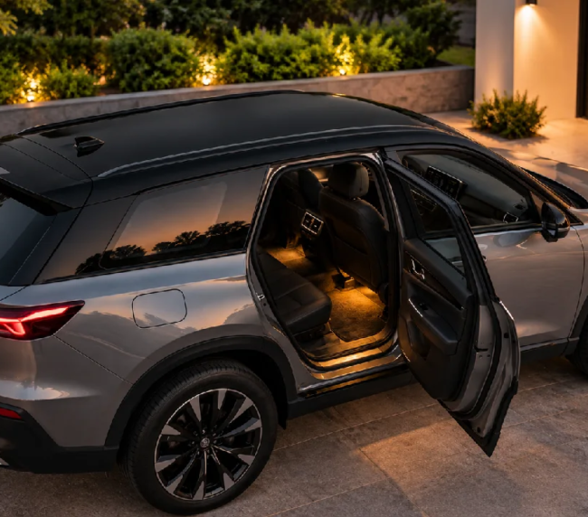 Car with satin black roof and ambient footwell lighting showing paint-safe car decoration ideas