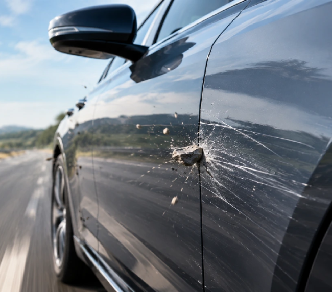 Close-up of stone chip hitting the car and PPF taking the impact.