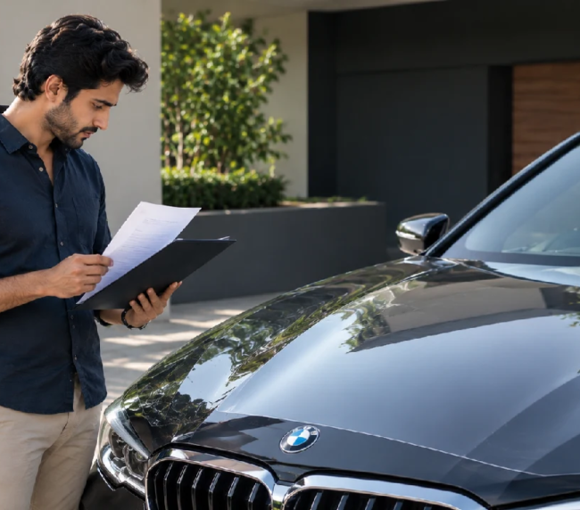 Car owner checking insurance documents beside a car bonnet protected with paint protection film