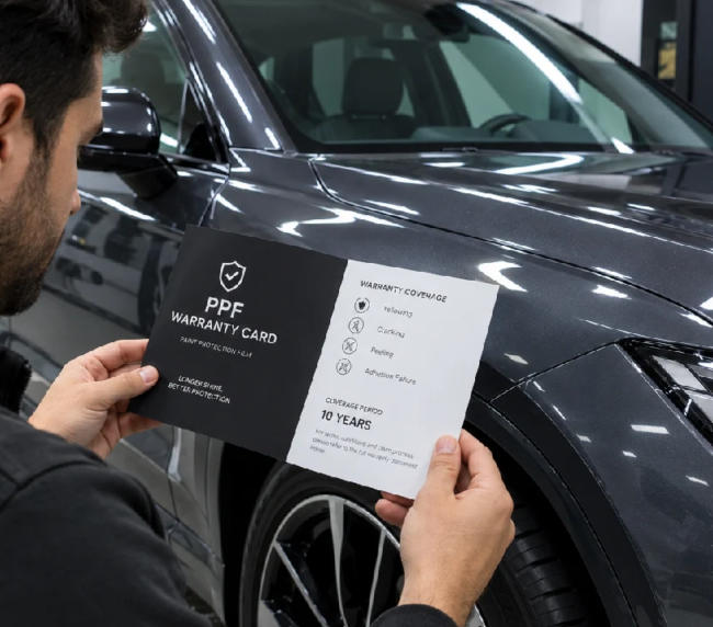 Car owner reading PPF warranty booklet beside a car with paint protection film applied