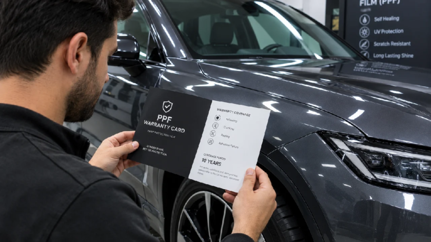 Car owner reading PPF warranty booklet beside a car with paint protection film applied