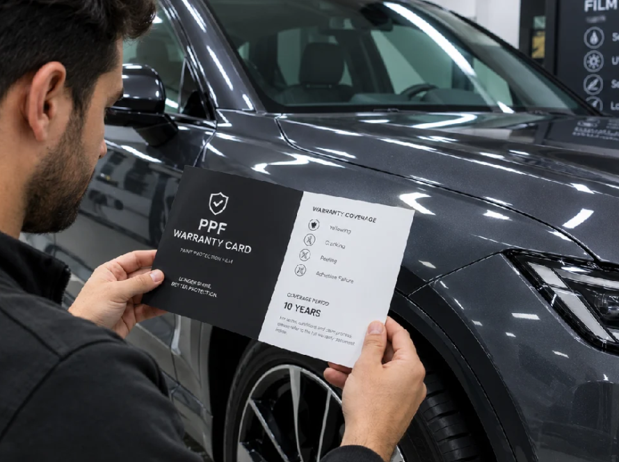 Car owner reading PPF warranty booklet beside a car with paint protection film applied