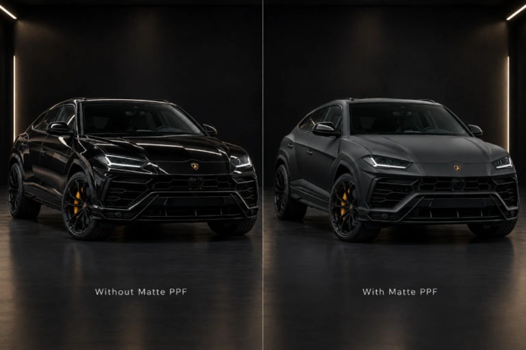 car with and without matte PPF